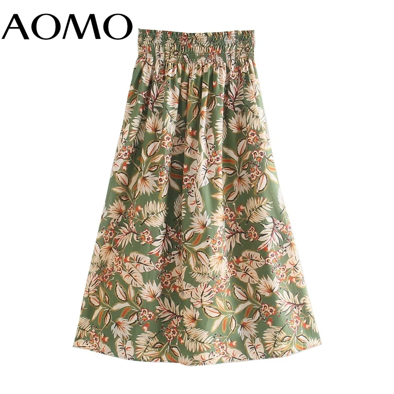 

AOMO Women Leaves Print Midi Skirt Strethy Waist Ladies Elegant Chic Mid Calf Skirts 4N83A