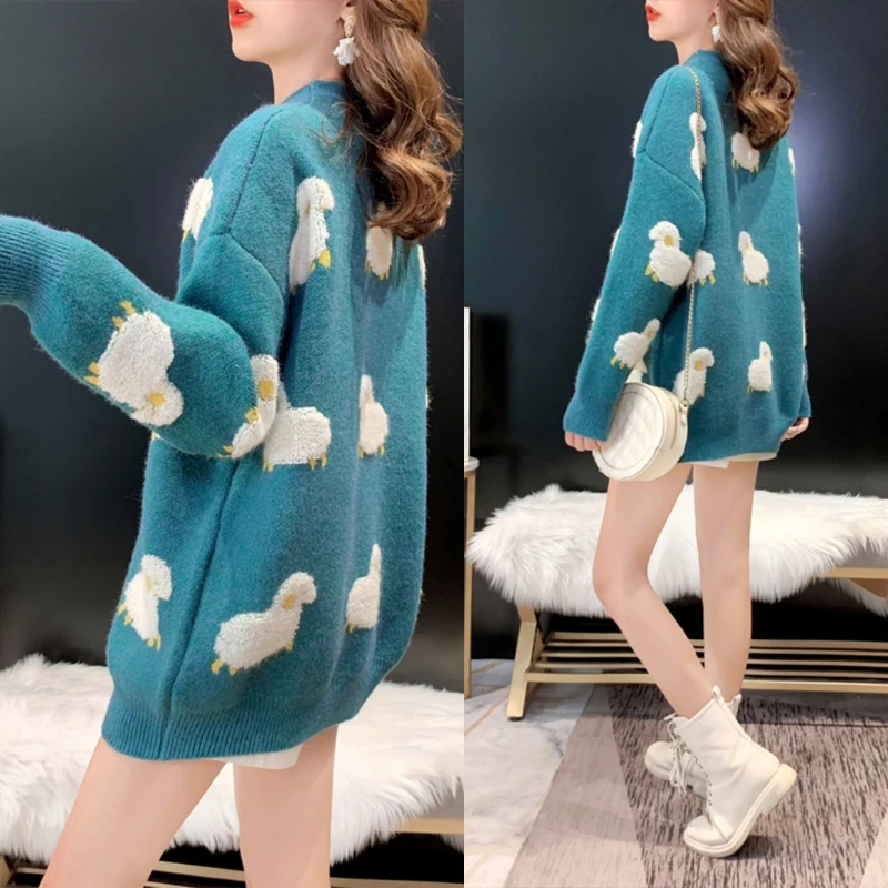 

Women Autumn Cute Cartoon Sheep Sweater Long Sleeve Crew Neck Pullover Tunic Tops Harajuku Baggy Oversized Loose Knitwear Jumper