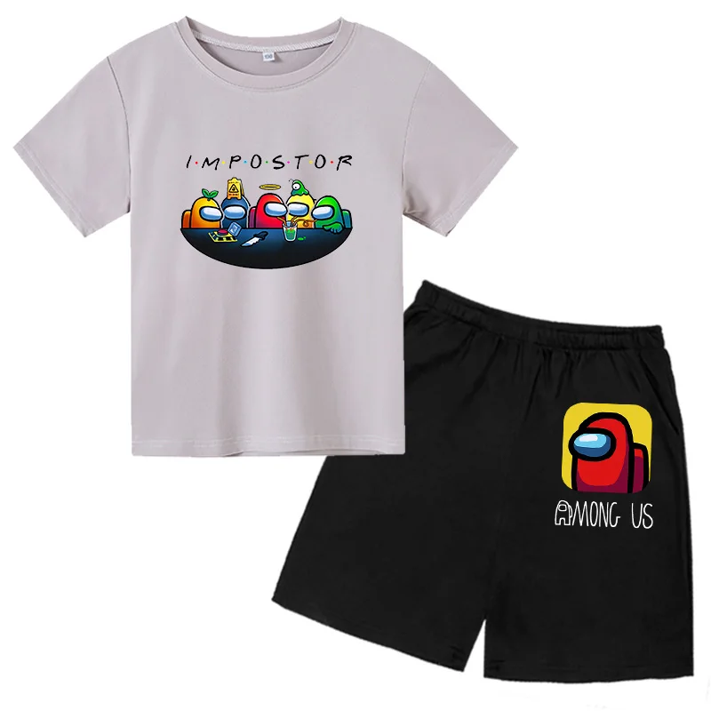 

2021Summer Among Us Children's Cartoon print Clothing sets Impostor anime Boys Sets for girls short Sleeves Top + shorts suit