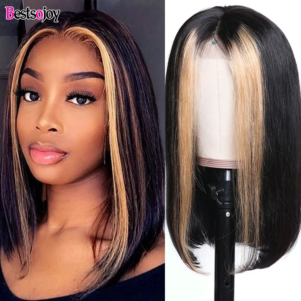 Natural-Highlight Bestsojoy, 613 блонд, парик на кружеве, короткий Боб, на кружеве, цветной, Омбре, с изюминкой, человеческие волосы, парики, прозрачные, на кружеве - Цвет: Natural-Highlight