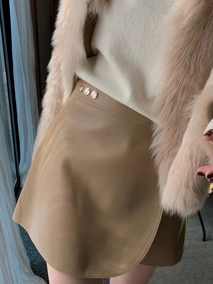 Высококачественная женская кожаная юбка из натуральной кожи с высокой талией и