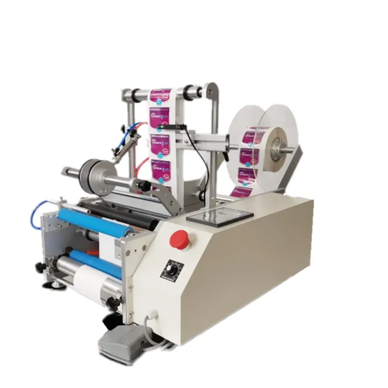 Tabletop Red Wine Glass Bottle Labeling Machine, Semi-Automatic Double Sides Round Bottle Sticker Labeling Machine