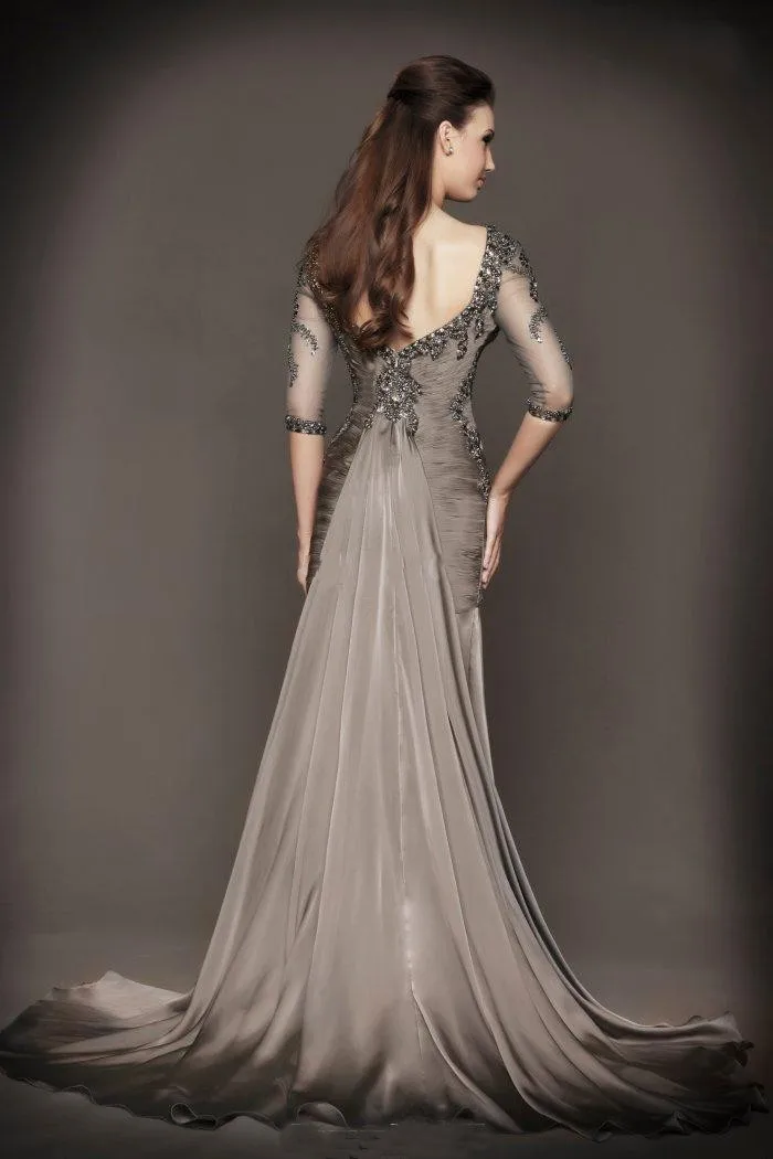 

Plus Size Mother Of The Bride Dresses Mermaid 3/4 Sleeves Satin Beaded Crystals Groom Long Mother Dresses For Wedding