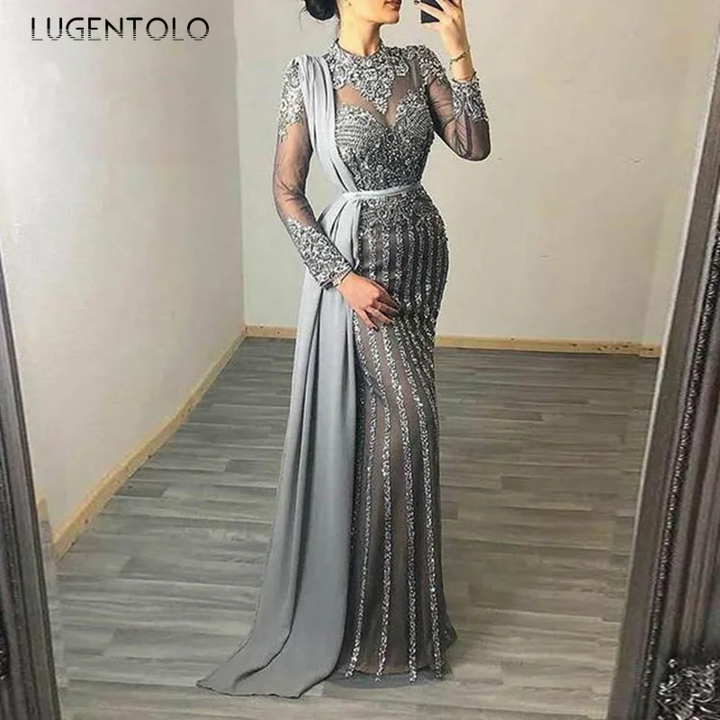 

Women Elegant Dress Slim Long Sleeve Party Dresses Round Neck Ladies Sexy Perspective Empire Big Swing Long Dress Lugentolo