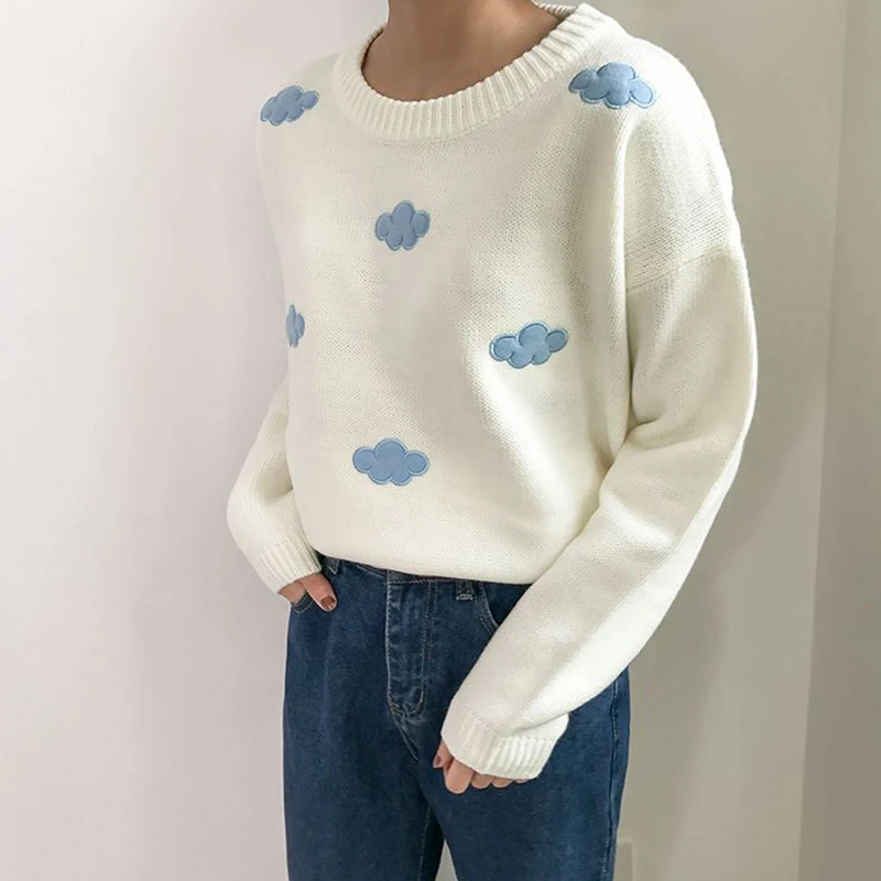 

Women Casual Knit Sweater Jumpers Tops Cute Cloud Pattern Long Sleeve Round Neck Pullover Knitwear Autumn Winter Female New