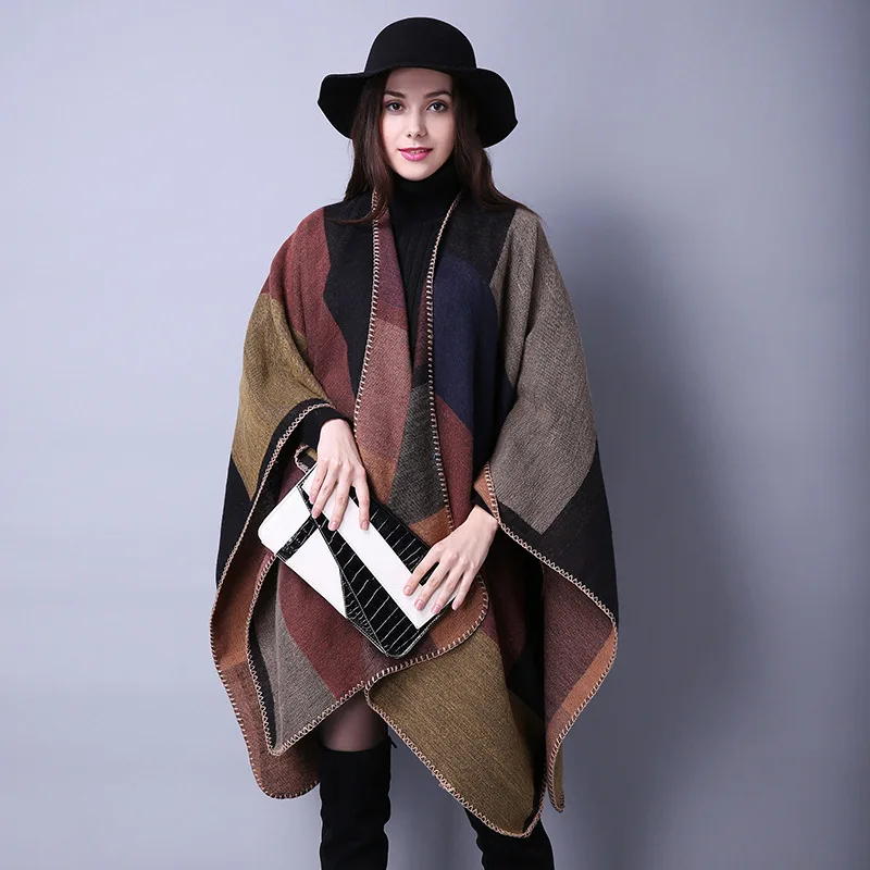

New design brand cashmere scarf Fashion temperament wild checkered travel shawl warm scarf ethnic wind split thickened cloak 203