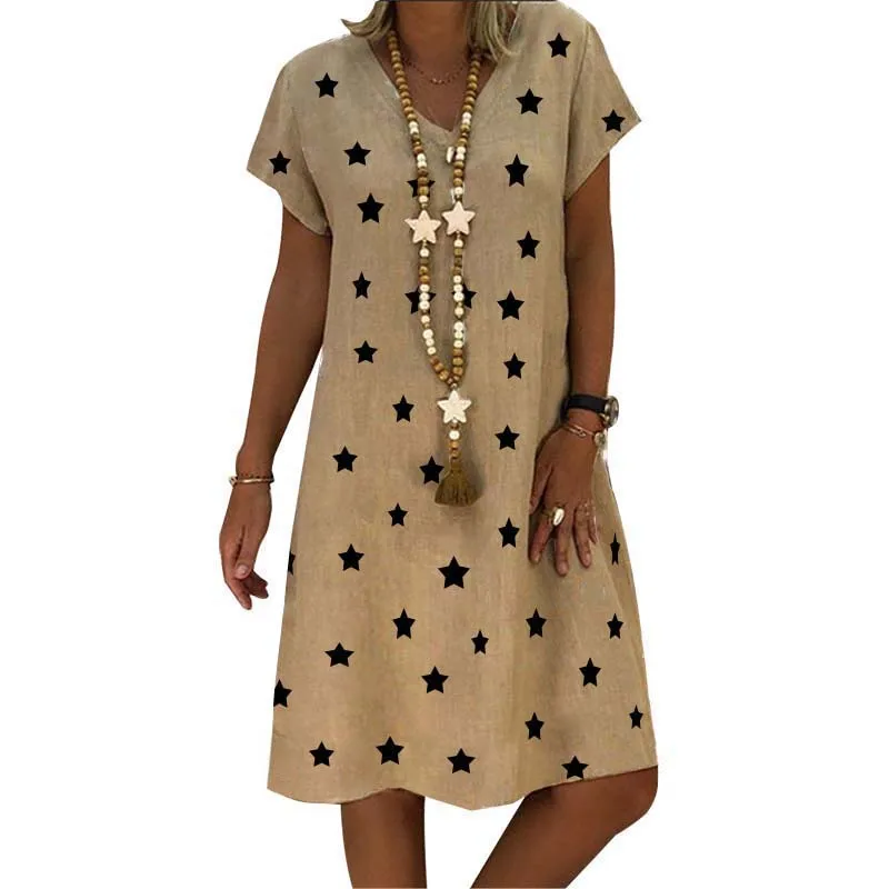

Boho Dress Women Clothes Stars Print V Neck Short Sleeve Casual Loose Waist Streetwear Dresses Summer Oversized Party Dress