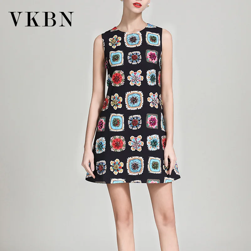 

VKBN Summer Dresses Woman Party Night Heavy Beaded Diamonds Round Colla Sleeveless Above Knee Mini Women Dress