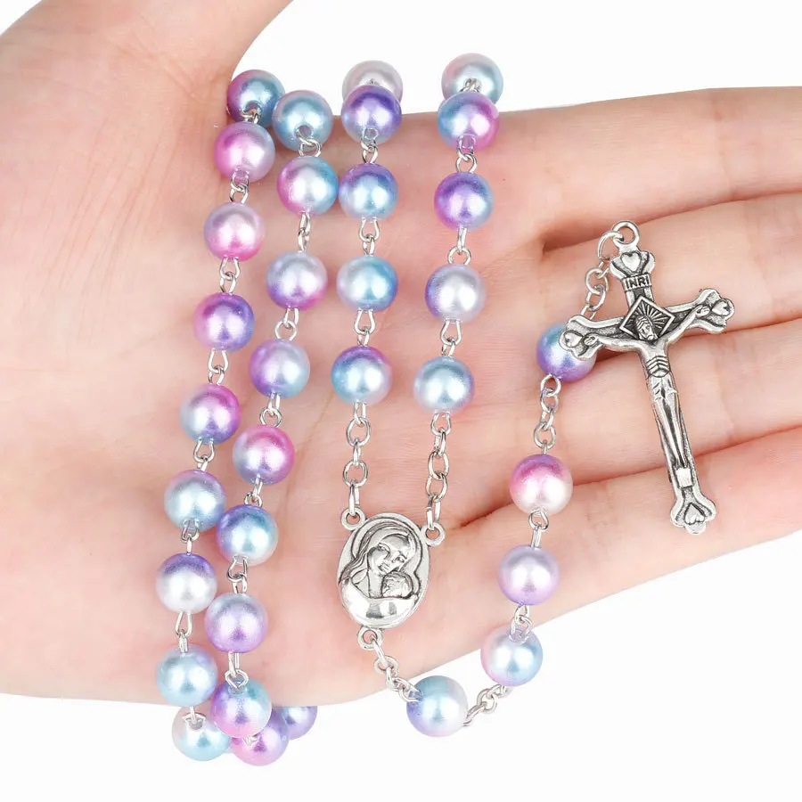 

Colorful Acrylic Rhinestone Catholic Rosary Necklace Christian Prayer Crucifix Neck Bracelet Church Decor Souvenirs Gifts