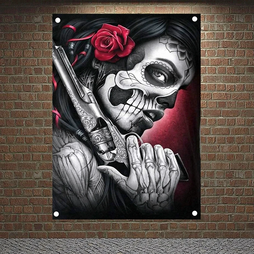 

Girls with guns Banners Skull Tattoo Flags Canvas Painting Bar Cafe Home Decoration Scary Bloody Posters Tapestry Wall Hanging