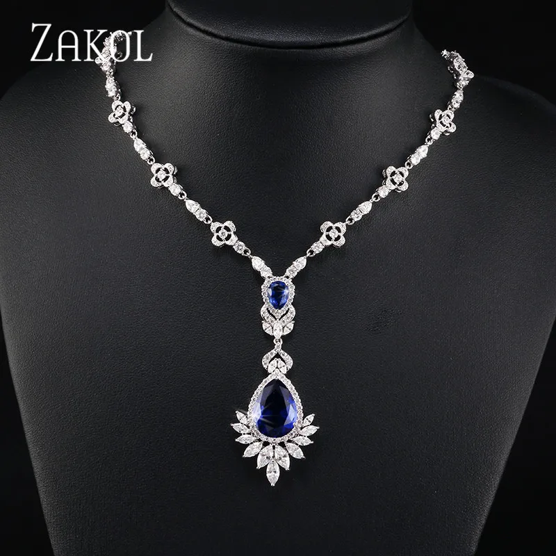 Blue Necklaces ZAKOL высокое качество большая капля синий кубический цирконий лист серьги ожерелье набор украшений для женщин свадебное вечернее платье FSSP2014 - Окраска металла: Blue Necklaces