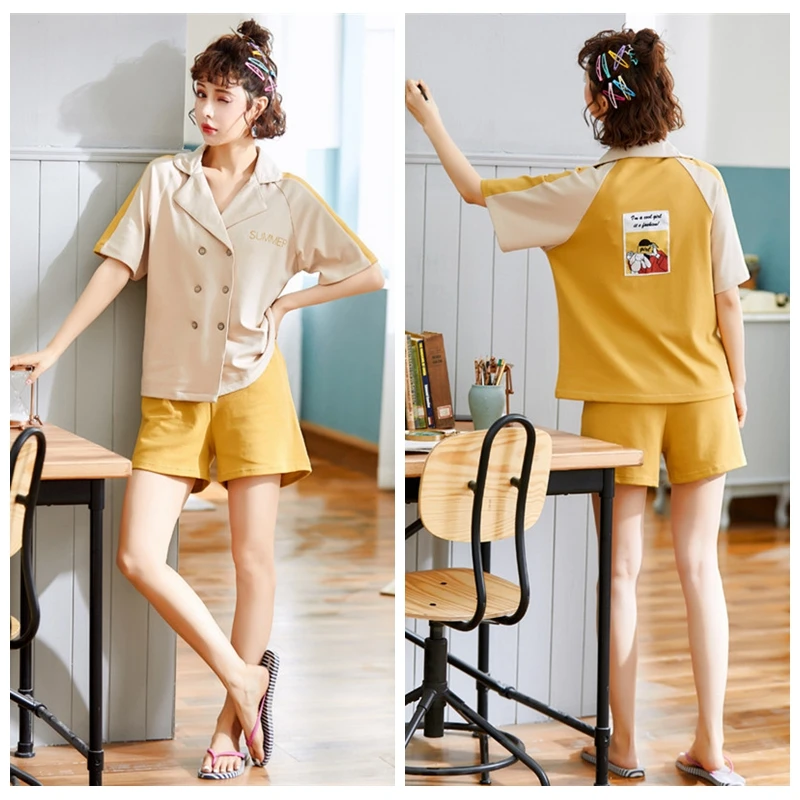 Комплект женской хлопковой пижамы kuпокаsi с отложным воротником комплект из 2