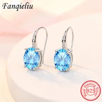 fanqieliu round blue crystal genuine 925 sterling silver stud earrings for woman new jewelry gift girl fashion fql21534