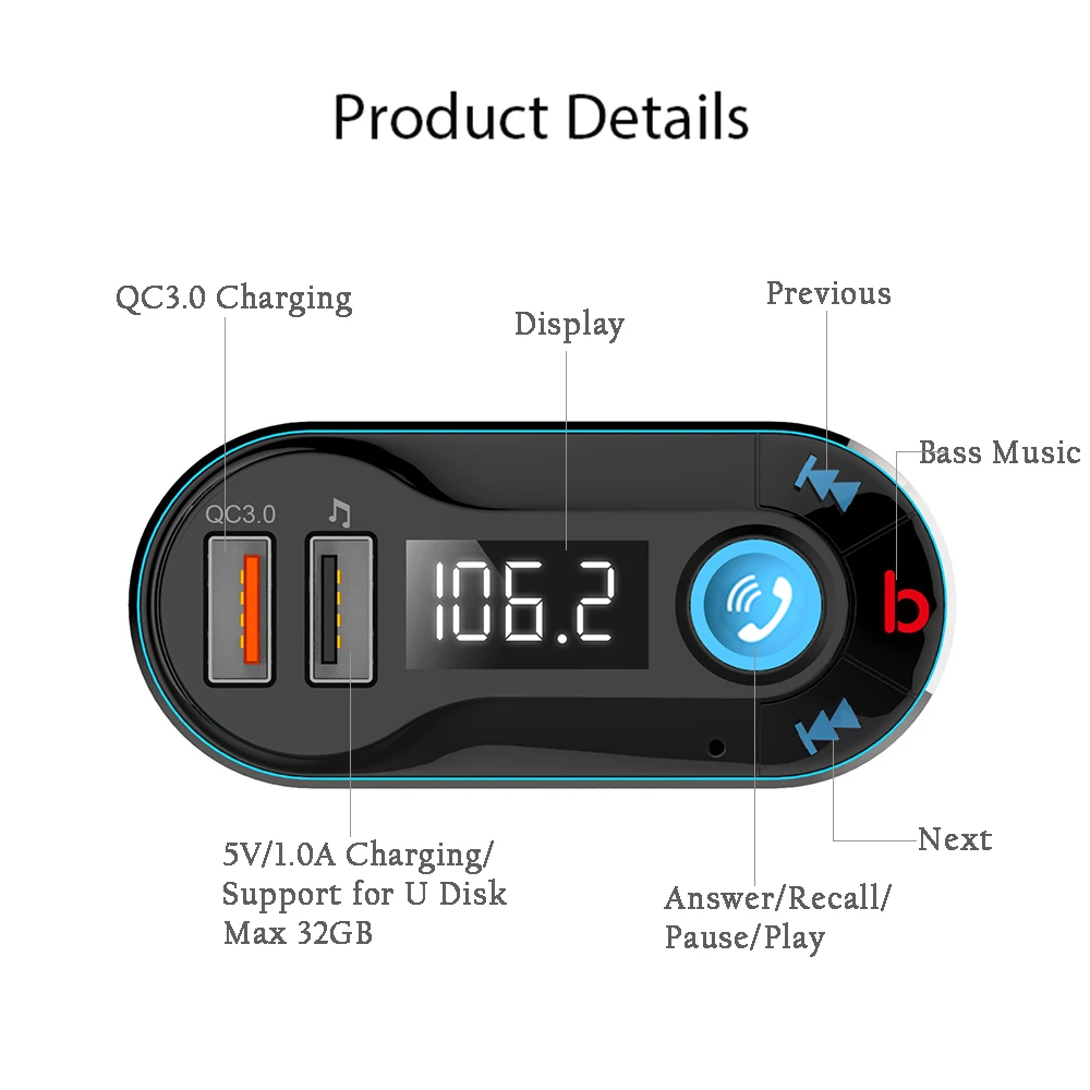 Горячий автомобиль Bluetooth громкой связи Авто MP3 плеер FM передатчик AUX IN