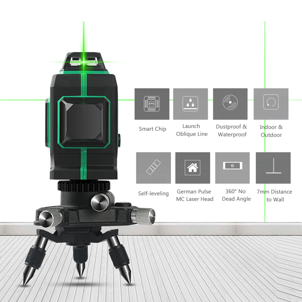 Laser Level 12 Lines Dustproof Lazer Levels With Pivoting Base 3D Red Green 360 Self-leveling Instrument | Инструменты