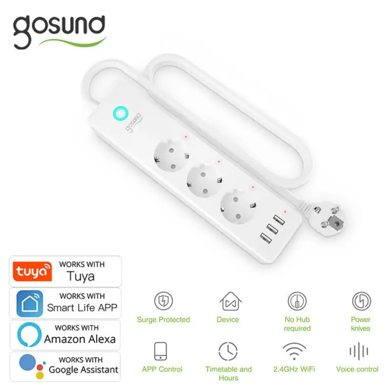 Gosund 16A Смарт Мощность полосы 1 5 м кабель-удлинитель 3 Порты USB + розетки ЕС