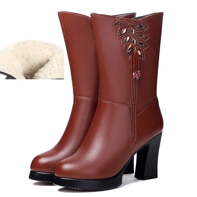 brown wool AIYUQI обувь; женские ботинки; Новинка года; натуральная шерсть; теплые зимние женские ботинки; ботинки с бахромой на высоком каблуке; женские зимние ботинки - Цвет: brown wool