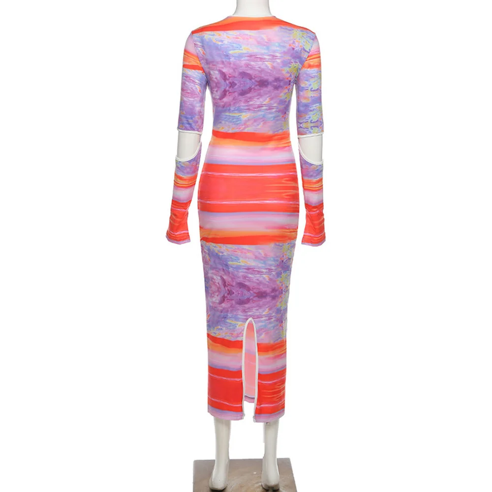 

Tie Dyeing Print Asymmetrical Bandage Long Dress Summer Dress for Women 2021 New Fashion Hollow Out Long Sleeve Clubwear Dress