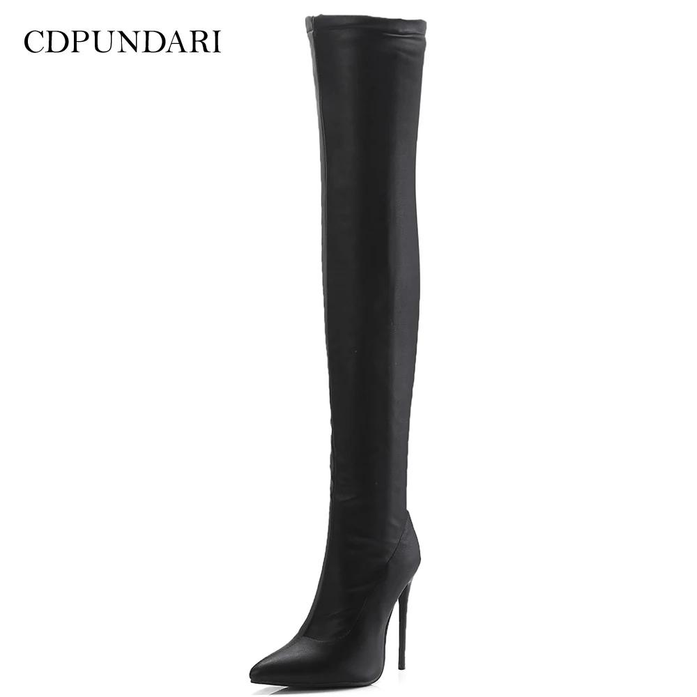 Черные Сапоги выше колена на высоком каблуке женские сапоги до бедра высокие