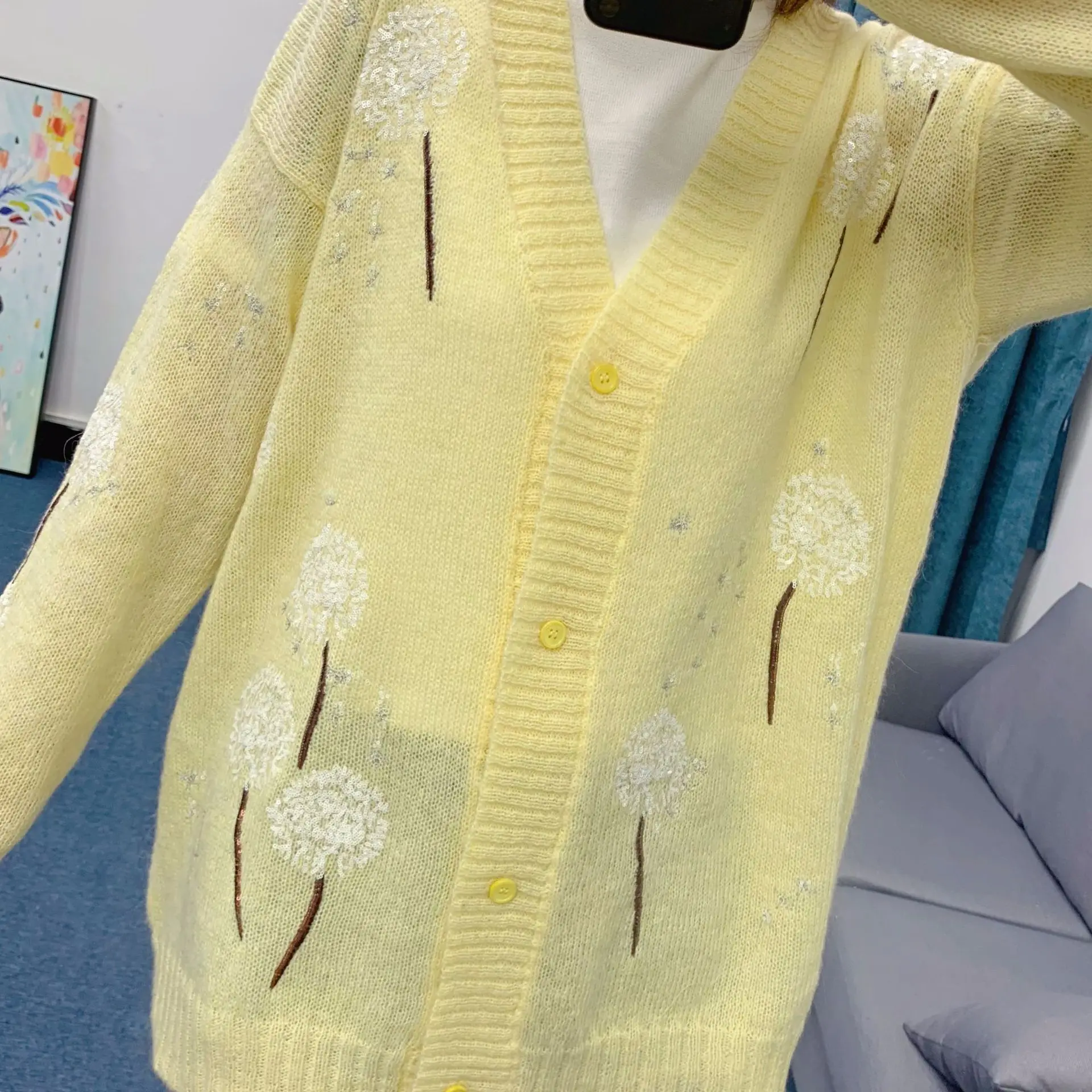 High Quality Dandelion Sequined Embroidered Cardigan 2021 Spring New Loose Comfortable Long Sleeve V-neck Sweater Female Yellow