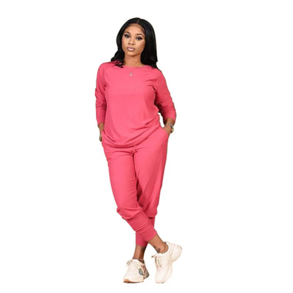 

Solid Color Two Piece Sets Women Autumn Sporty Tracksuits Long Sleeve Pullover Tops and Drawstring Leggings Female Matching Suit