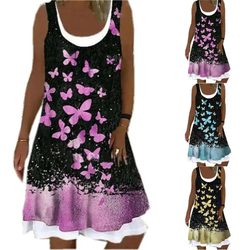 

VICABO Dresses Women Butterfly Print Dress Beach Fake Two Layer Casual A-Line Dresses Summer Dresses for Women