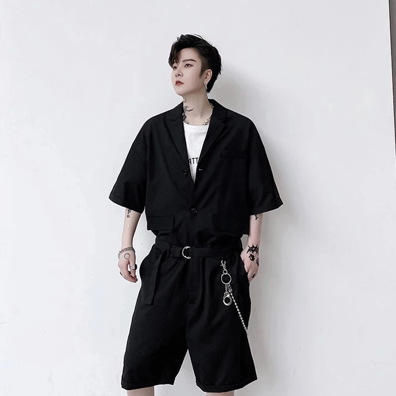 

One piece suit hip hop summer work clothes short sleeve one suit one piece street style retro Japanese shorts for men and women