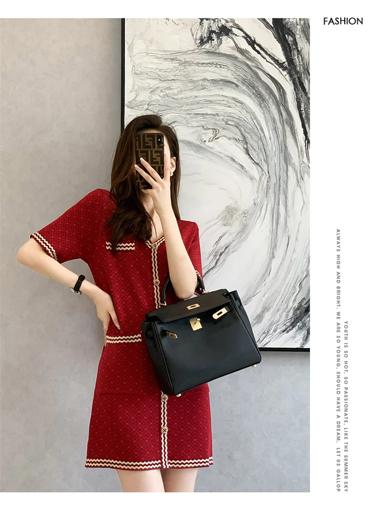 

Korean Fashion Single Breasted Pullover Sweater Dress Summer New V Neck Striped Wine Red Loose Straight Knitted Dresses Women