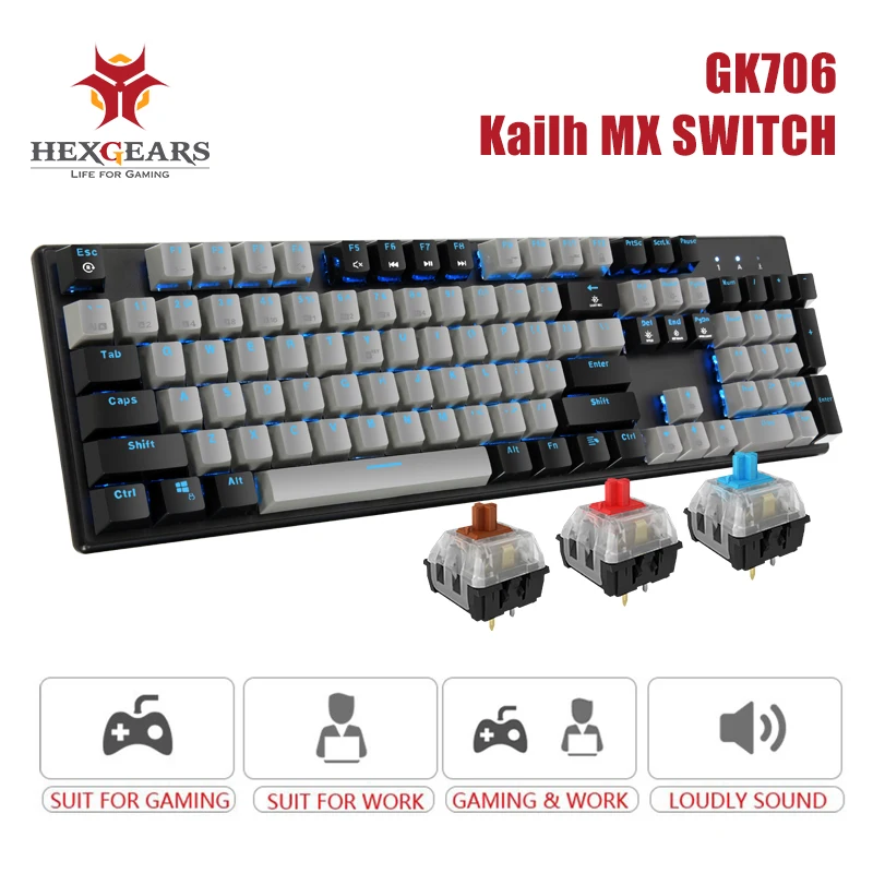 Hexgears K706B Professional Mechanical Keyboard with MX Blue Switch 104 Keys Mechanical Gaming Keyboard Blue Backlit Metal Panel