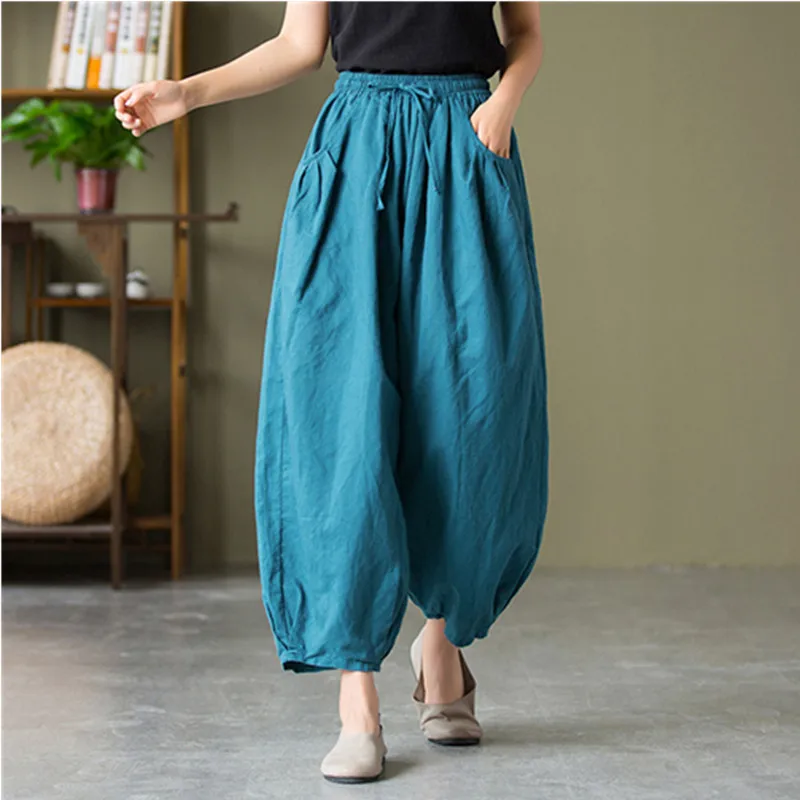 

2021 осенние Винтажные льняные шаровары, свободные брюки в стиле пэчворк, длинные брюки с эластичным поясом, один размер