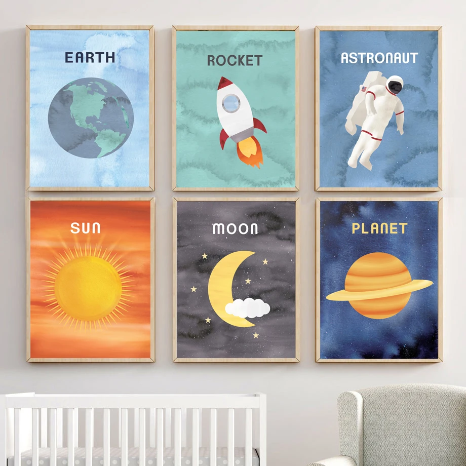 

Cartoon Universe Sun Earth Planet Astronaut Canvas Painting Explore The Stars Picture Poster And Print Home Wall Art Decor