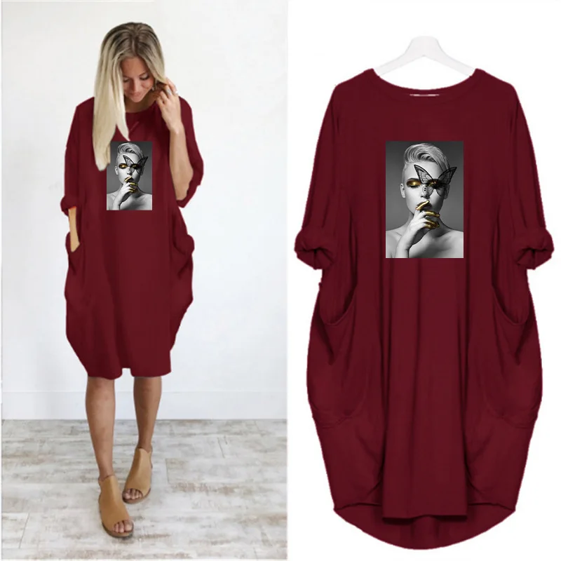

Women Midi Dress Butterfly Girl Nordic Art Print Plus Size Dresses O-Neck Long Sleeve Autumn Robe Pockets Loose Party Vestidos