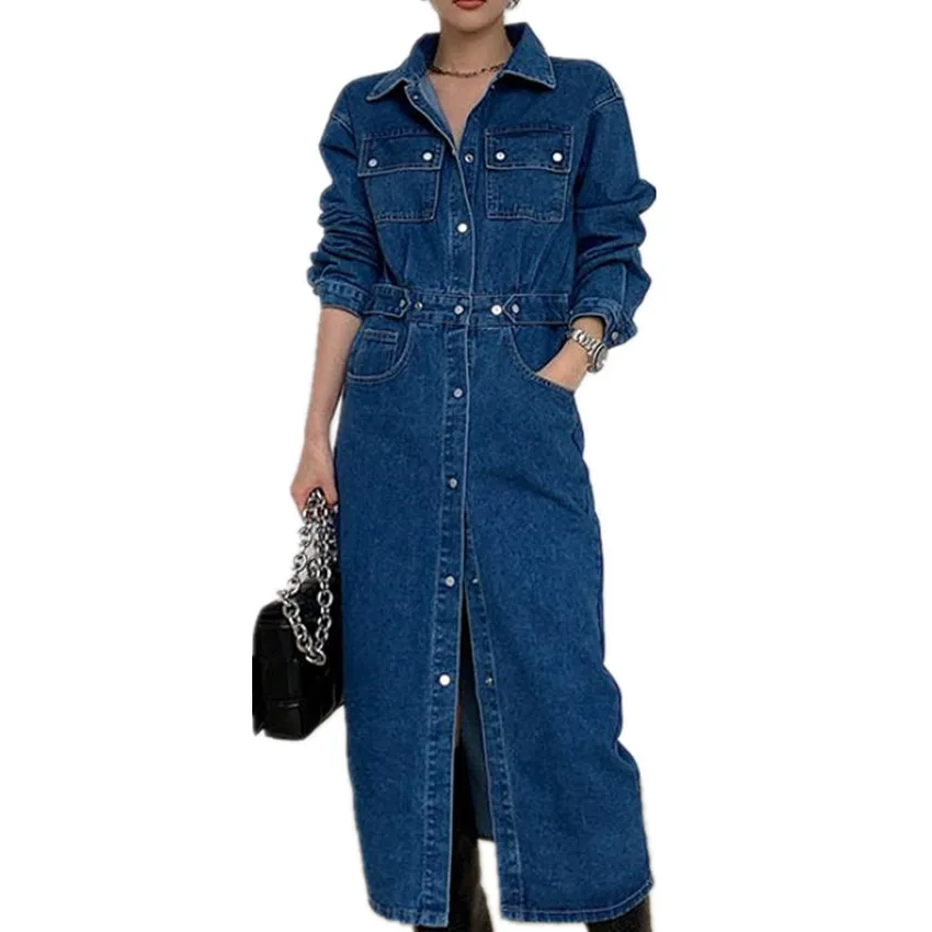 

Женское облегающее джинсовое платье с отложным воротником, однобортное женское джинсовое платье с длинным рукавом и разрезом, 2021