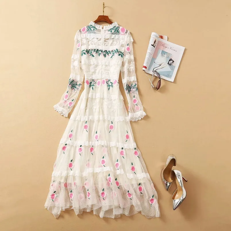 

New Top Quality 2021 Spring Wedding Party Vestidos Dresses Women O-Neck Allover Luxurious Embroidery Flower Long Lace Dress Maxi