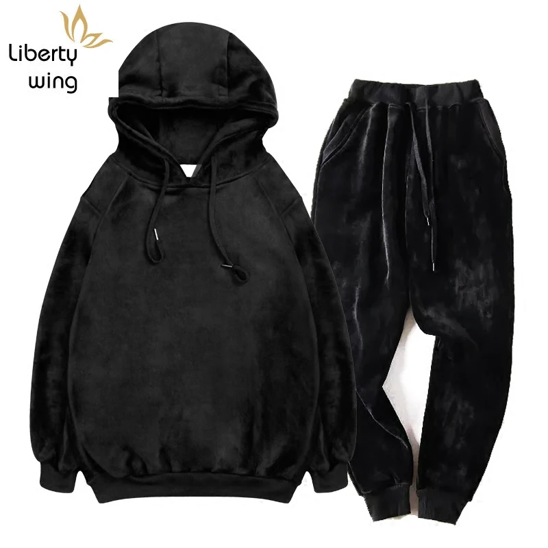 Мужской бархатный теплый спортивный костюм черная толстовка с капюшоном +