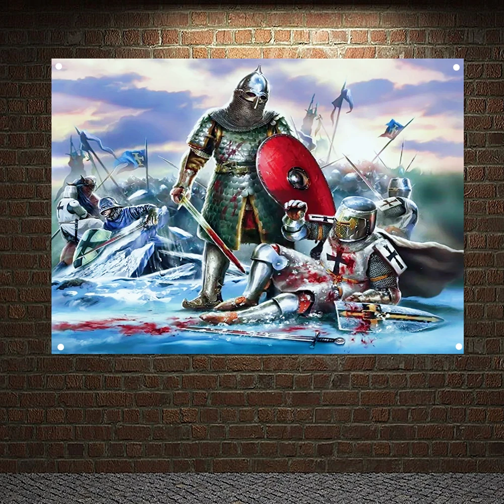 

Knights Templar Battle Flag Banners Ancient Art of War Medieval Warriors Poster Canvas Painting Vintage Wall Hanging Tapestry E6
