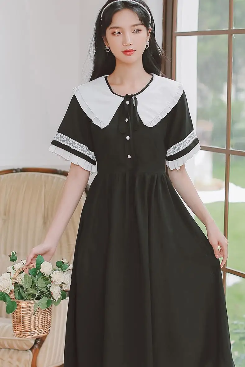 

COIGARSAM Vintage Women One-Piece Dress Korean New High Waist Dresses Red Black k988