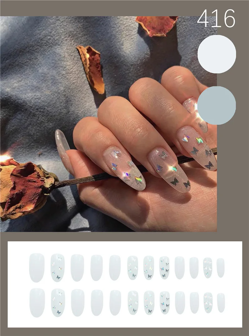 

416-Phototherapy Laser Silver Butterfly Fake Nail Sheets Wearing Nail Sheet Stickers 24 Nail Sheets