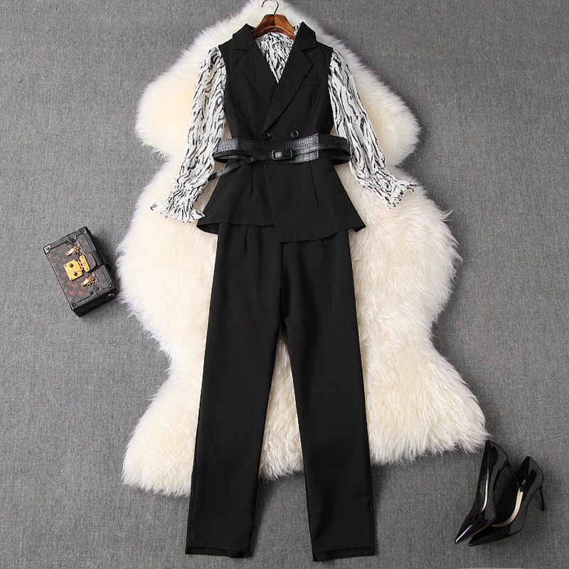 New 2020 spring Women pant suit office lady ruffles stand collar chiffon Blouse tops + double breatsed vest 3 piece set