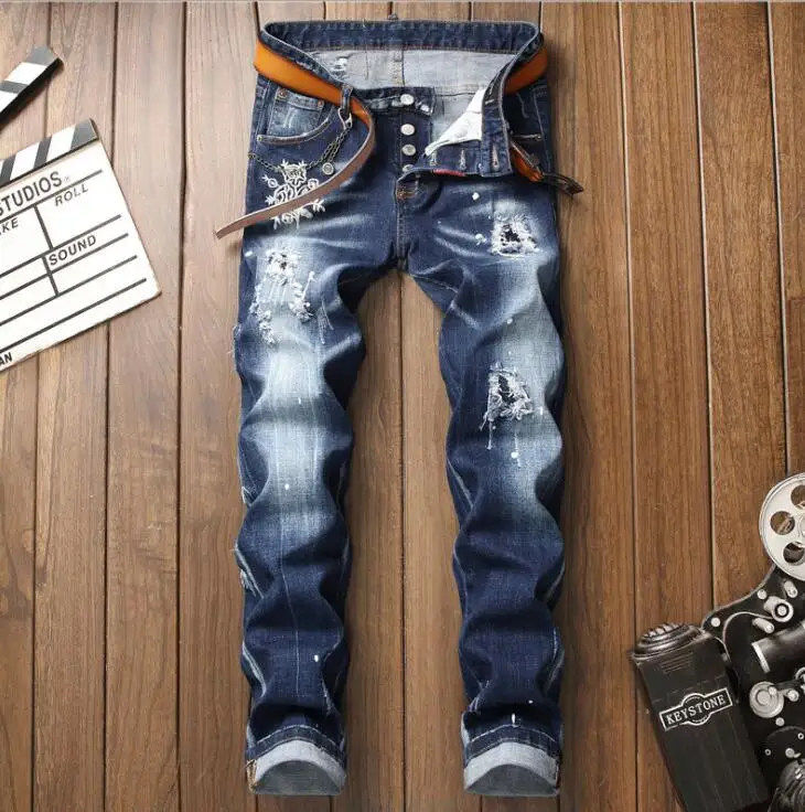 winter blue men's jeans trousers new style ragged paint stitching slim jeans European and American small straight beggar pants