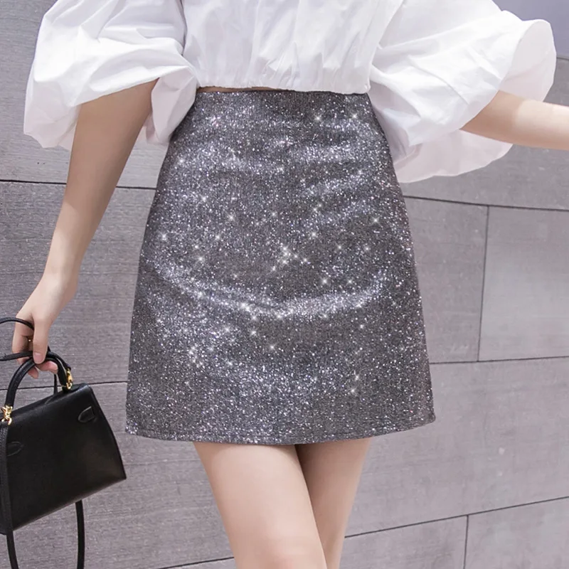 Мини-юбка женская трапециевидная с блестками пикантная вечерняя блестящая юбка