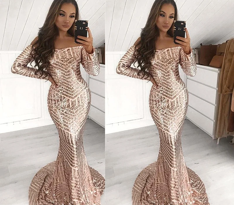 

Stunning Full Sequins Mermaid Prom Dresses Long Sleeve Off Shoulder African Black Women Occasion Party Gowns Evening Dress
