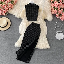 Sexy Black Diamonds 2pcs Set Women Party Sleeveless Short Tops + High Waist Split Skirt Female Two Piece Suits Club Fashion 2021