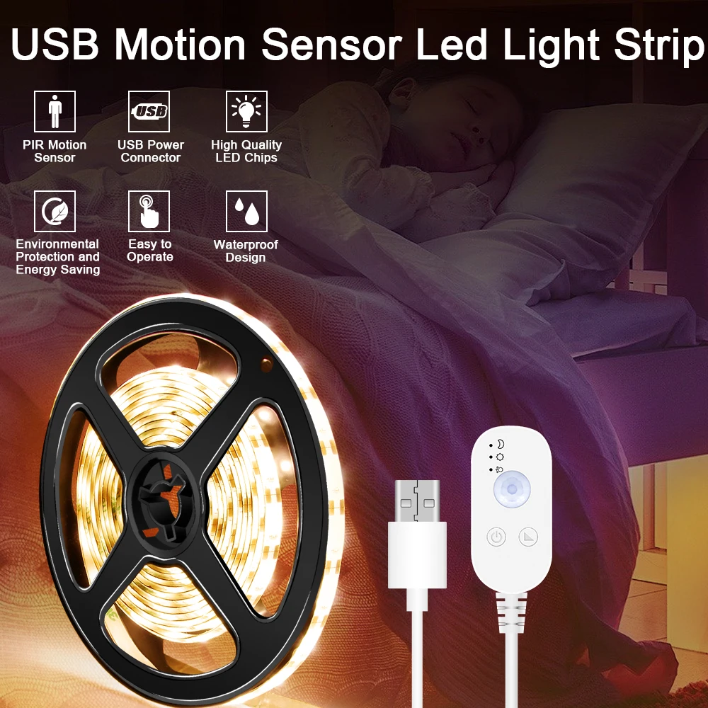 Tira de luces LED con Sensor de movimiento, cinta luminosa Flexible de iluminación de fondo de TV, 5V, USB, PIR, 0,5, 1, 2, 3, 4, 5M, 2835