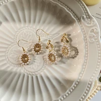 imitation pearl round stud earrings silver pin geometric elegant hollow mesh woman fashion korean stud earrings clips jewelry