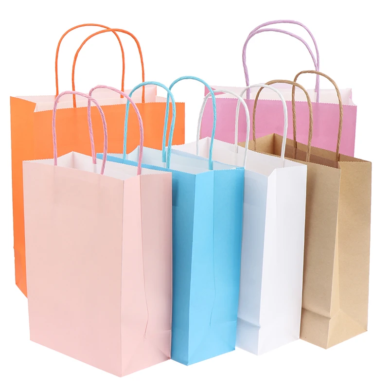 

1pcs Solid Color Paper Party Bags Kraft Bag With Handles Recyclable Birthday Gift Bag