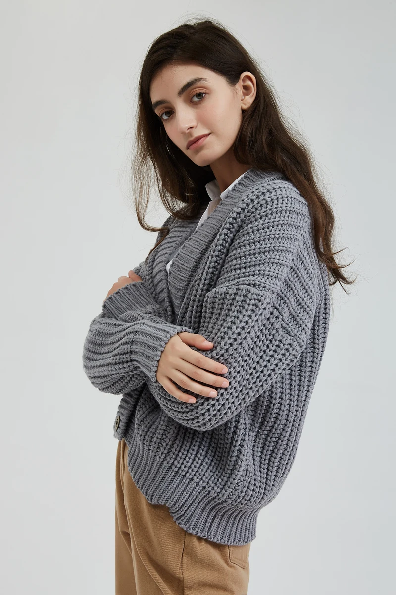 Wixra Knitted Chunky Cardigan Sweater Women Simple Solid Thick Button Clothing Sweater Stylish Tops for Female Autumn Winter