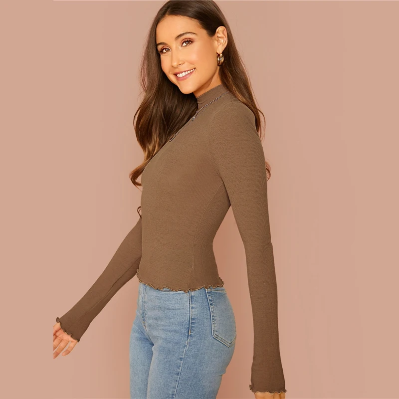 SHEIN Однотонная Водолазка С Высоким Воротником, Топ С Длинными Рукавами