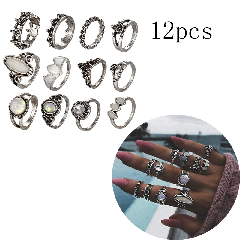 12 шт./компл. кольцо с белым огненным опалом Винтажное на костяшки рук набор колец