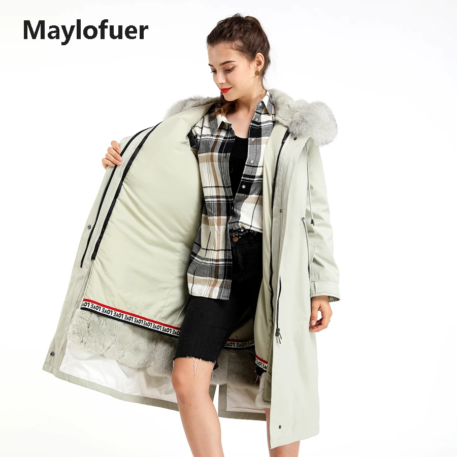 Maylofuer Настоящий мех кролика теплая парка классический стиль для женщин натуральный мех пальто с капюшоном зимние меховые парки с полиэстеровой подкладкой